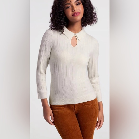 ModCloth One Good Turn Collared Keyhole Ribbed Sweater in Ivory - Size L - Picture 1 of 5
